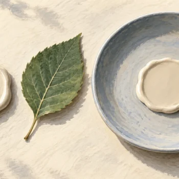 Detailed leaf impression in wax beside smooth wax in a wider saucer