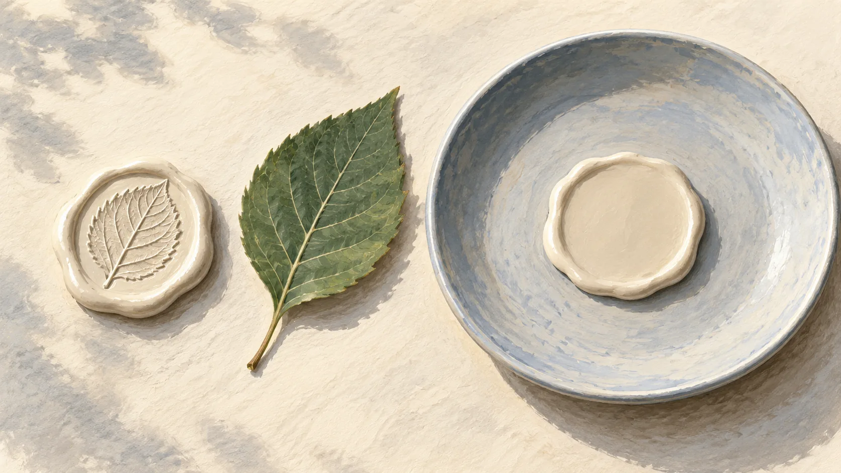 Detailed leaf impression in wax beside smooth wax in a wider saucer