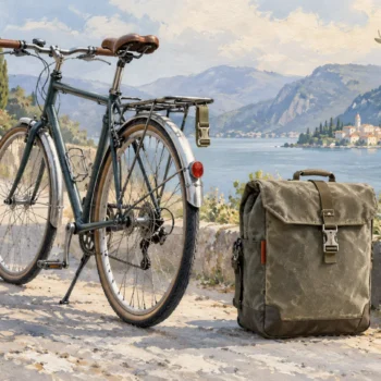 Slim bicycle beside its detached bulky canvas pannier