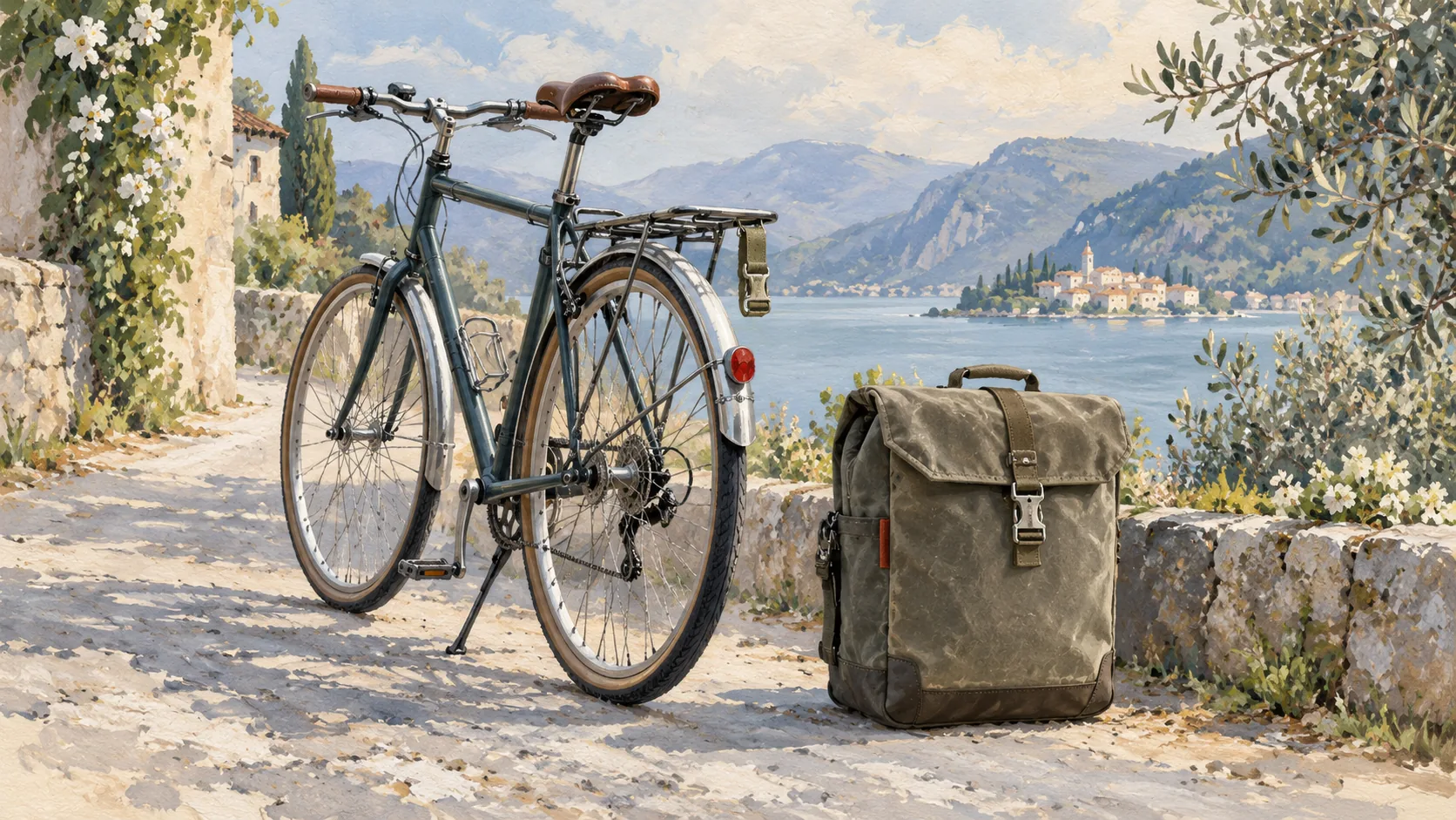 Slim bicycle beside its detached bulky canvas pannier