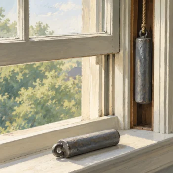 Sash counterweight balancing a window beside a loose iron weight