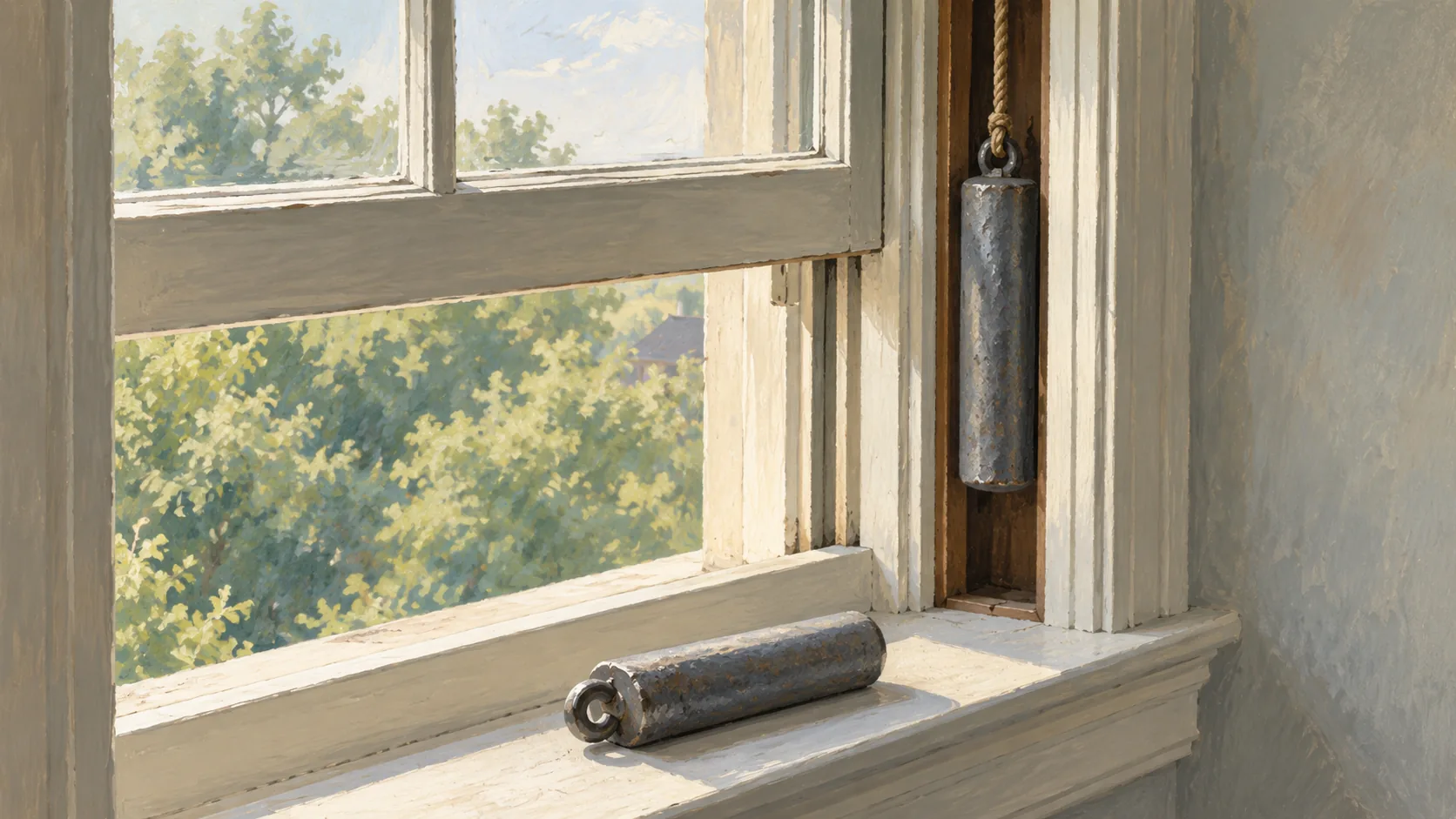 Sash counterweight balancing a window beside a loose iron weight