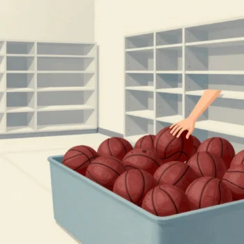 Hands digging through a huge bin of mixed balls for the red ones, an empty sorted rack standing unused