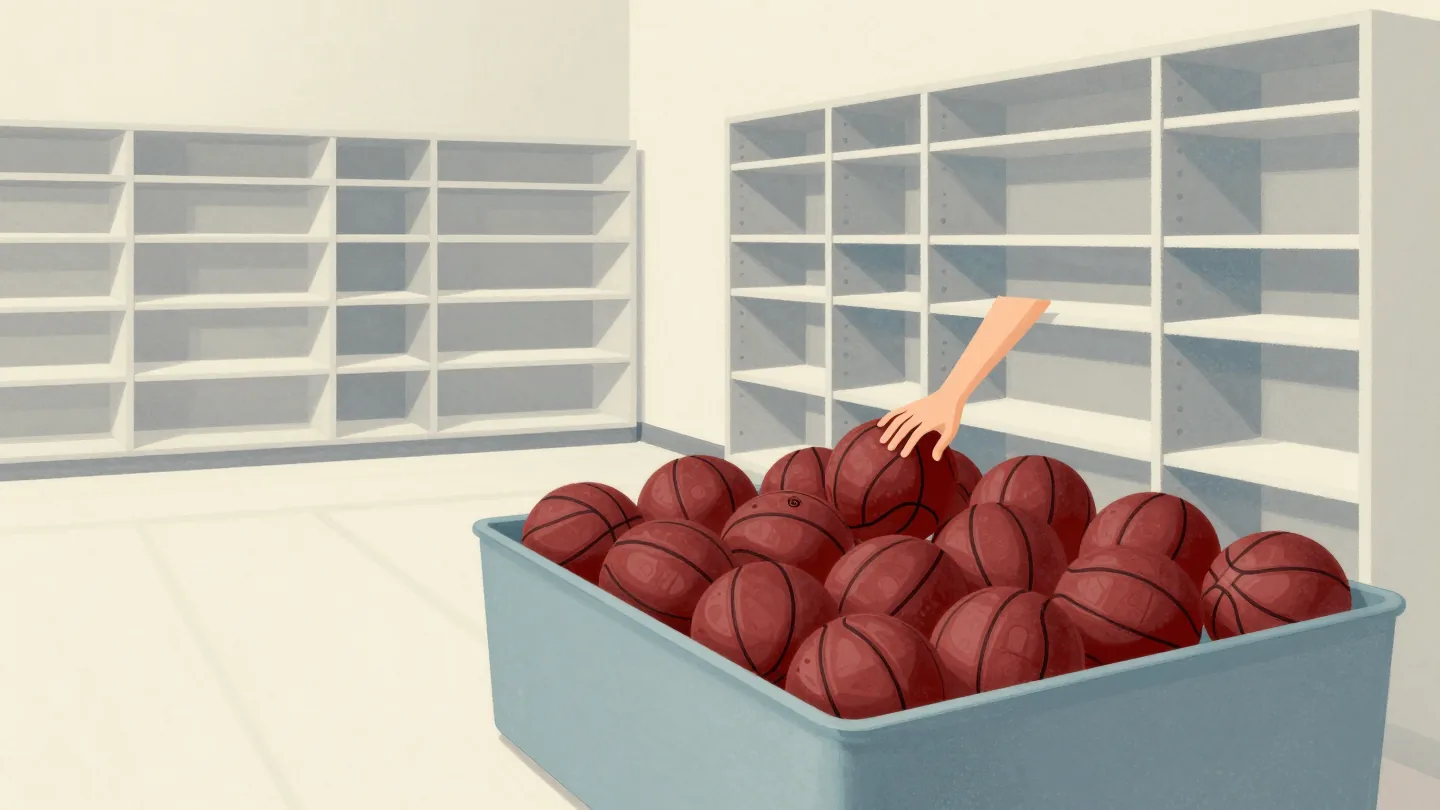 Hands digging through a huge bin of mixed balls for the red ones, an empty sorted rack standing unused