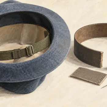 Adjustable band inside a felt hat beside a cut band and matching insert