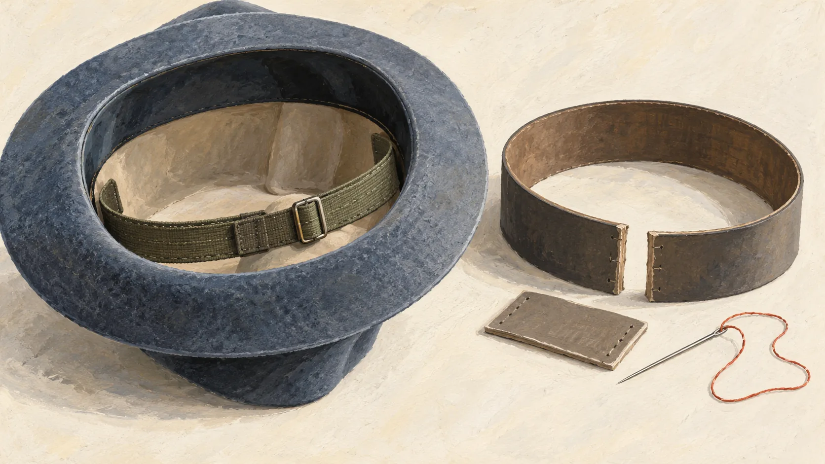 Adjustable band inside a felt hat beside a cut band and matching insert