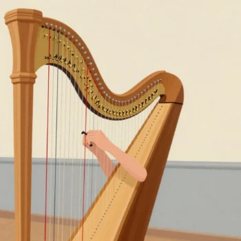 A hand turning a brass tuning pin at the top of a wooden harp with a small key, one red string among the rest.