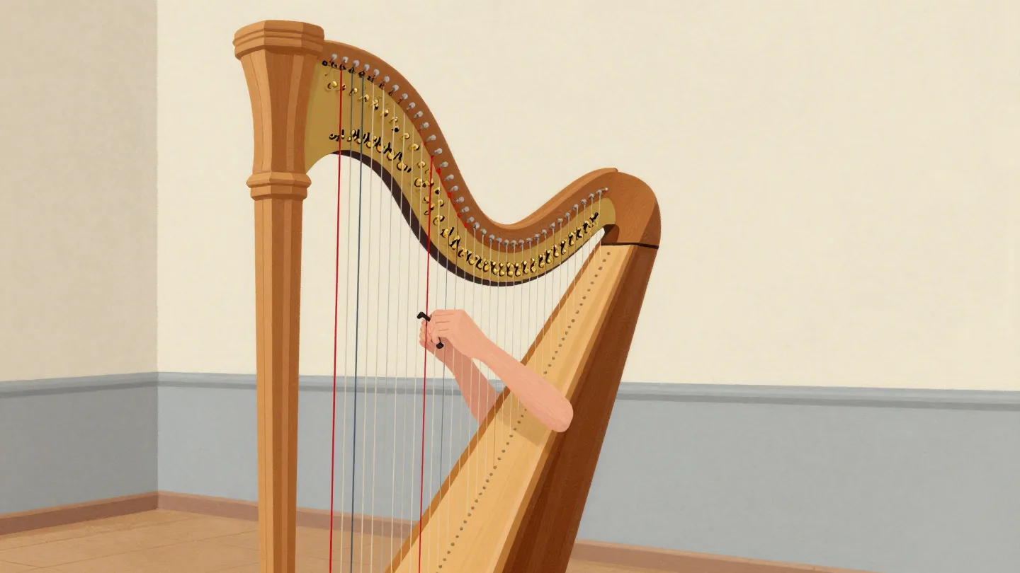 A hand turning a brass tuning pin at the top of a wooden harp with a small key, one red string among the rest.