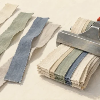 Clamp gripping selected fabric strips beside loose unselected strips