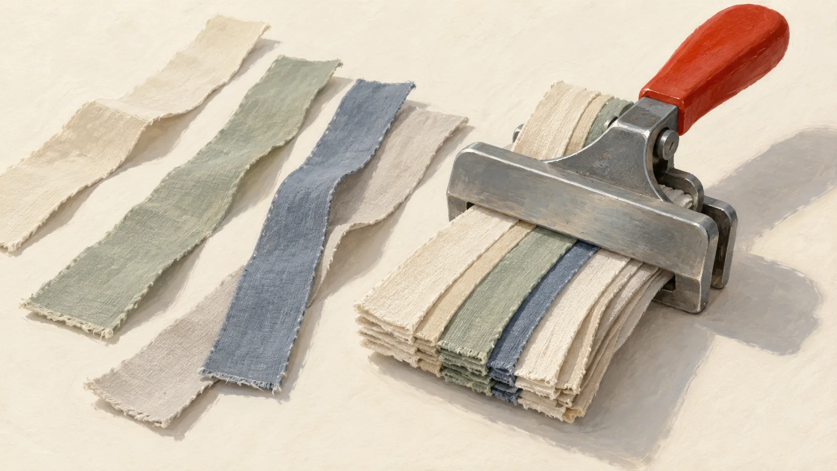 Clamp gripping selected fabric strips beside loose unselected strips