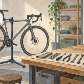 Gouache painting of a bicycle on a repair stand with tools laid out in order and a small gift box with a vermilion ribbon on the bench.