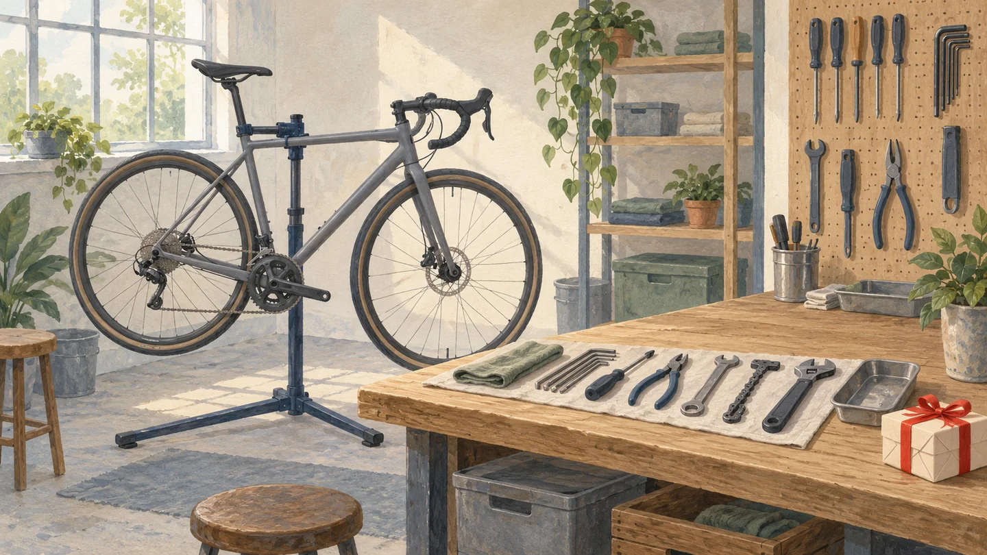Gouache painting of a bicycle on a repair stand with tools laid out in order and a small gift box with a vermilion ribbon on the bench.