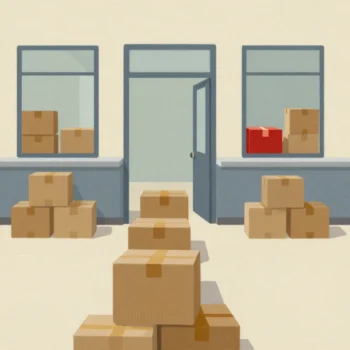 Five lines of brown parcels leading to service windows in a post office, one line much longer than the rest.