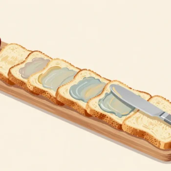 A butter knife spreading a whole row of toast slices in one long stroke on a wooden board.