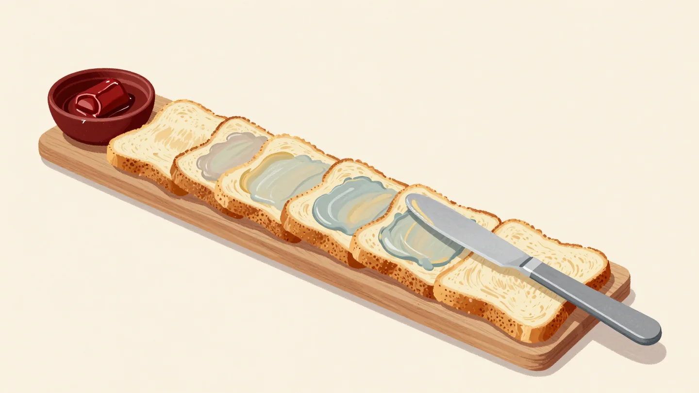 A butter knife spreading a whole row of toast slices in one long stroke on a wooden board.