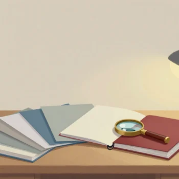 Gouache painting: a wooden desk with neatly bound report folders fanned out in a half circle and a brass magnifying glass resting on them; one folder is vermilion