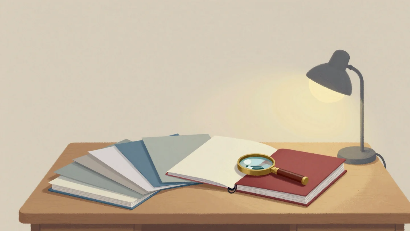 Gouache painting: a wooden desk with neatly bound report folders fanned out in a half circle and a brass magnifying glass resting on them; one folder is vermilion