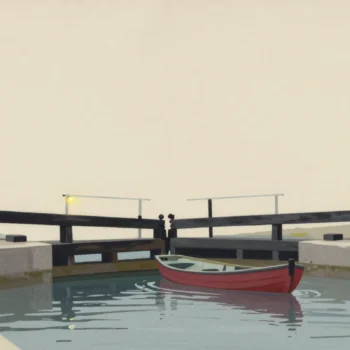 Gouache painting: a canal lock with one closed wooden gate holding back several small rowboats waiting in a line on calm water; one boat is vermilion