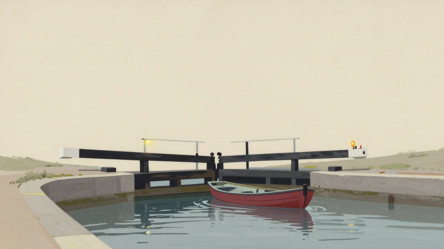 Gouache painting: a canal lock with one closed wooden gate holding back several small rowboats waiting in a line on calm water; one boat is vermilion