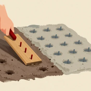 A hand pressing a red-handled dibber board into soil, leaving a neat grid of planting holes