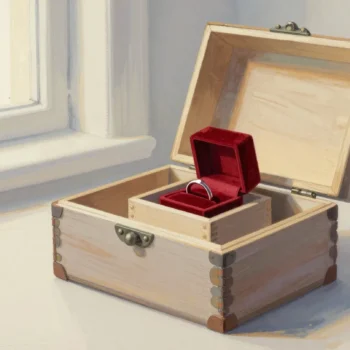 Nested wooden boxes open one inside another, a red ring in the smallest