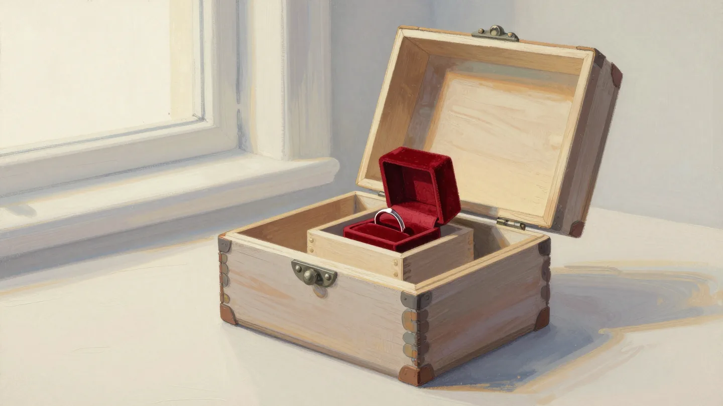 Nested wooden boxes open one inside another, a red ring in the smallest