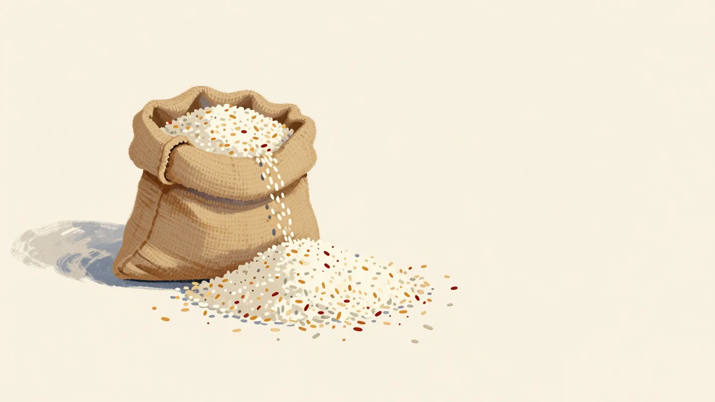 A rice sack leaking a thin trickle into a large heap, beside a smaller single spill of flour on a pantry floor.