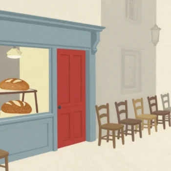 Gouache painting: a small bakery shelf holding three loaves while a long row of empty wooden chairs stretches out of the door and down the lane; the shop door is the one vermilion accent