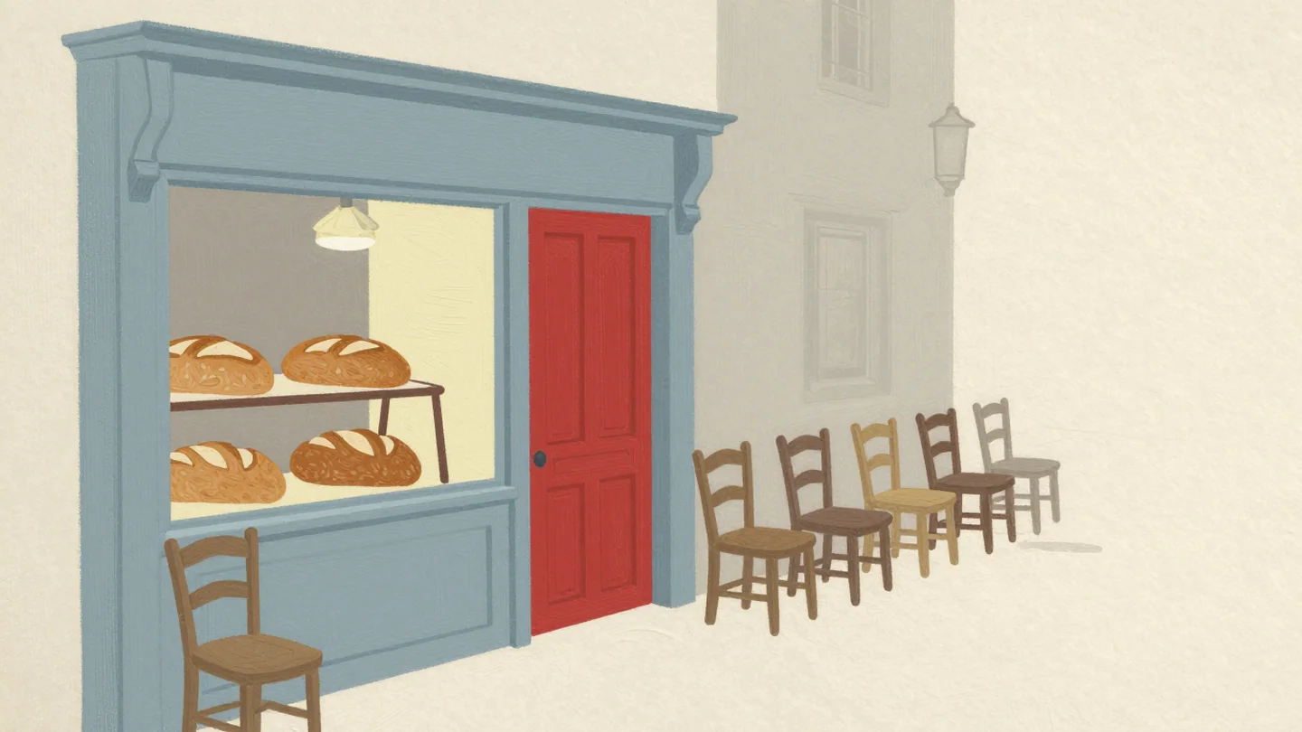 Gouache painting: a small bakery shelf holding three loaves while a long row of empty wooden chairs stretches out of the door and down the lane; the shop door is the one vermilion accent