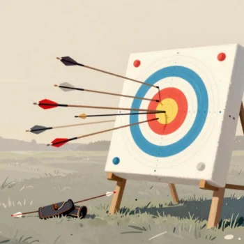 An archery target with early arrows scattered wide and later ones closer, the newest vermilion arrow near the center.