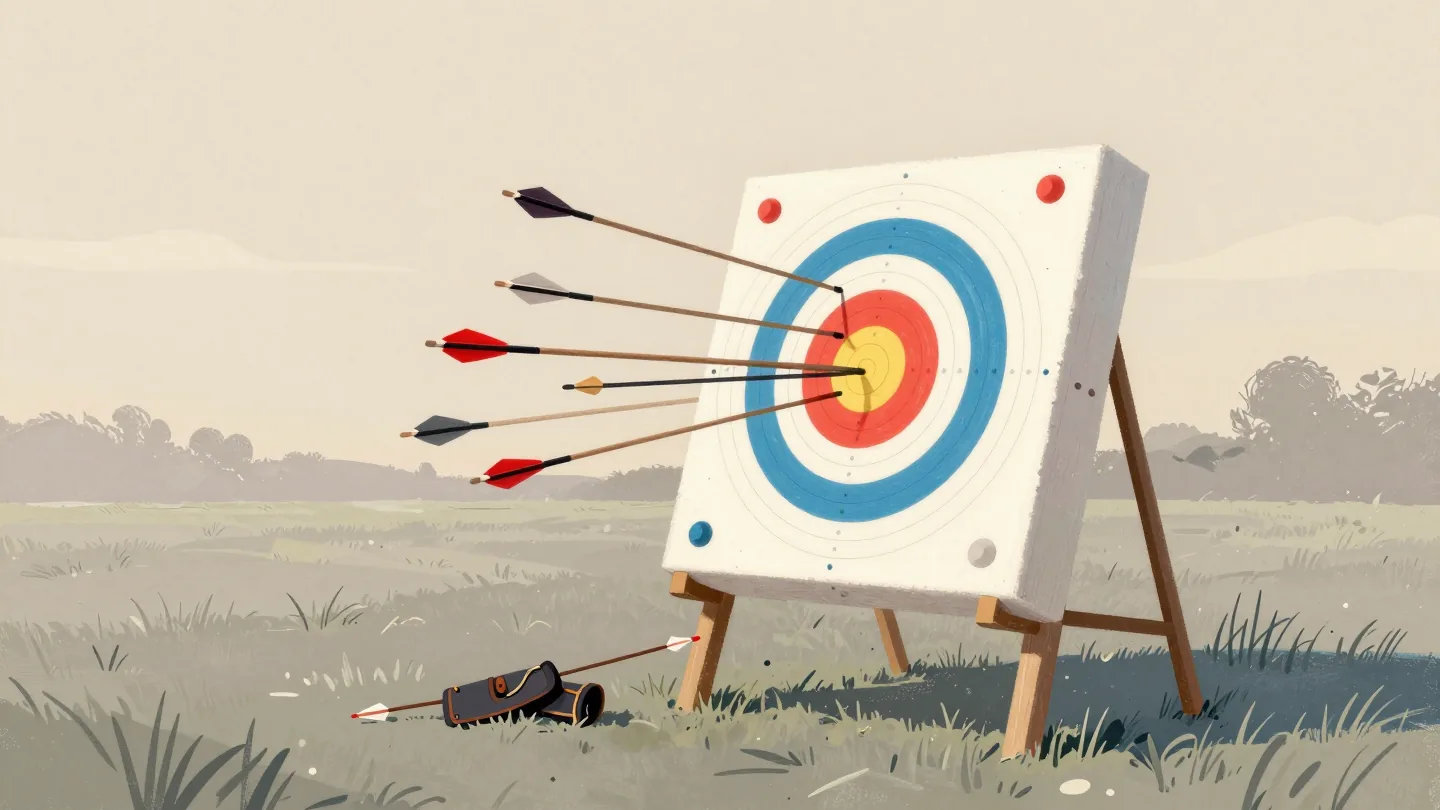 An archery target with early arrows scattered wide and later ones closer, the newest vermilion arrow near the center.