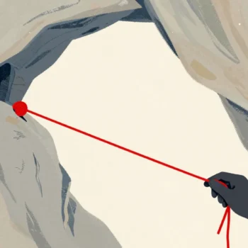 A gloved hand at a cave mouth tying a red thread to a boulder and testing it before going in