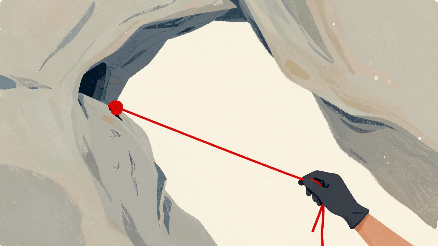 A gloved hand at a cave mouth tying a red thread to a boulder and testing it before going in