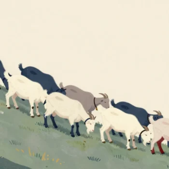 A herd of goats on a hillside following one old lead goat wearing the only bell toward a gate