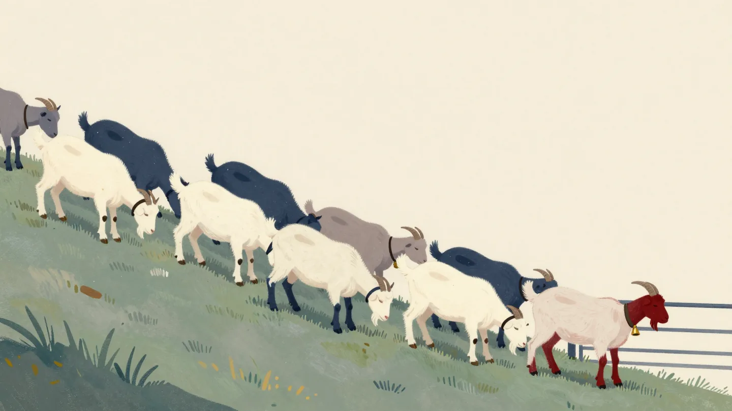 A herd of goats on a hillside following one old lead goat wearing the only bell toward a gate