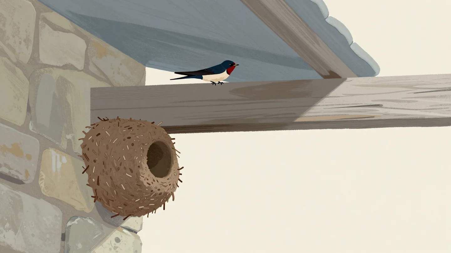 A swallow returning to last year's mud nest under the eaves of an old stone barn.