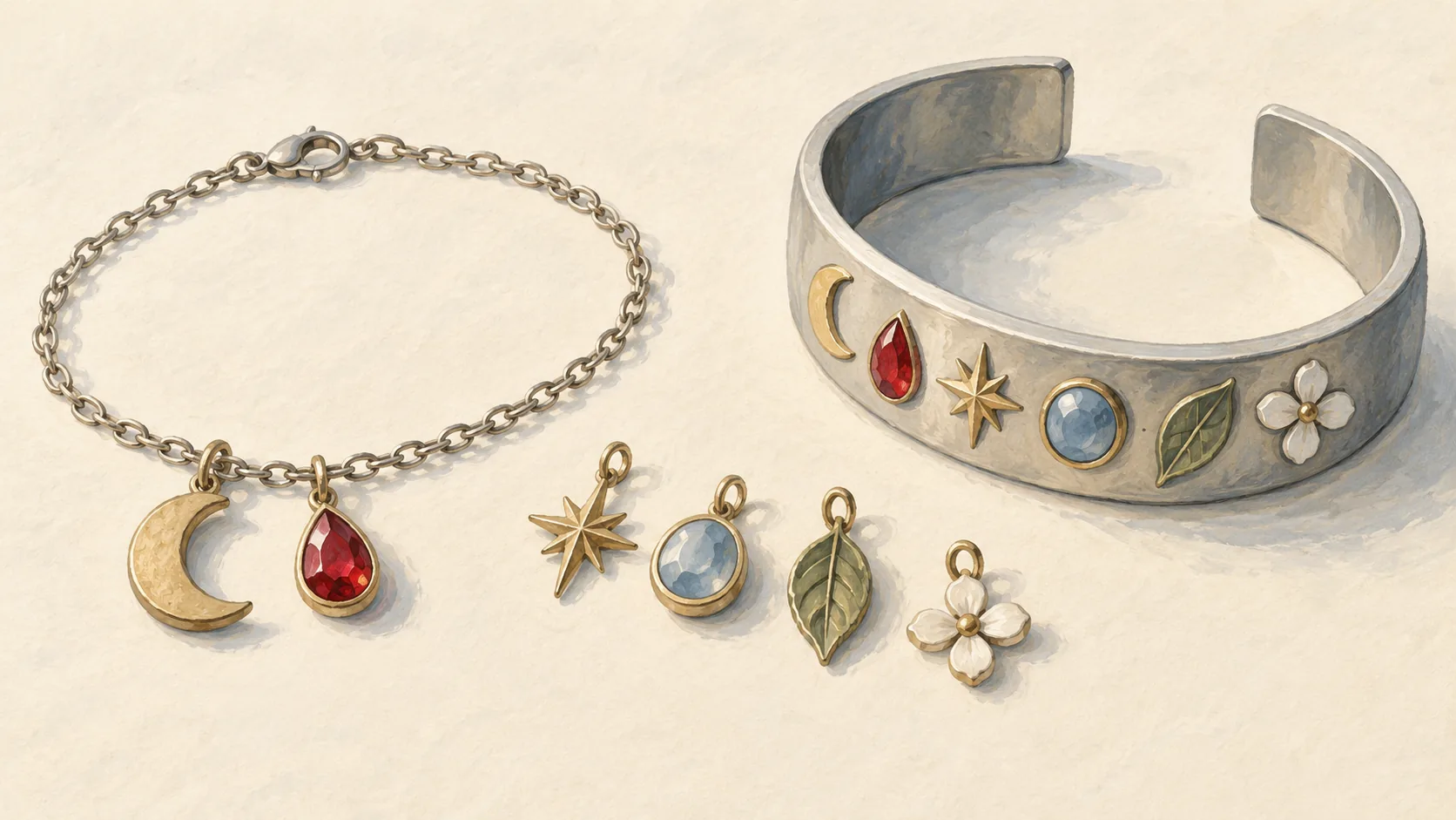 Bracelet with attachable moon, gem, and leaf ornaments beside a fixed cuff