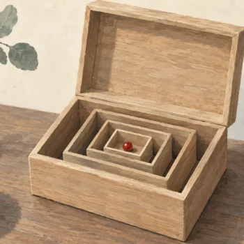 Gouache painting of nested wooden boxes, opened one inside another, the smallest holding a single vermilion bead.