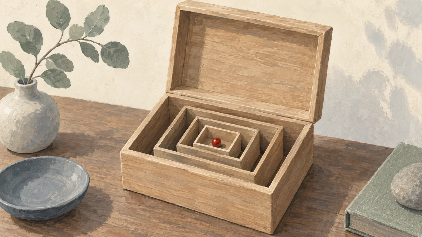 Gouache painting of nested wooden boxes, opened one inside another, the smallest holding a single vermilion bead.
