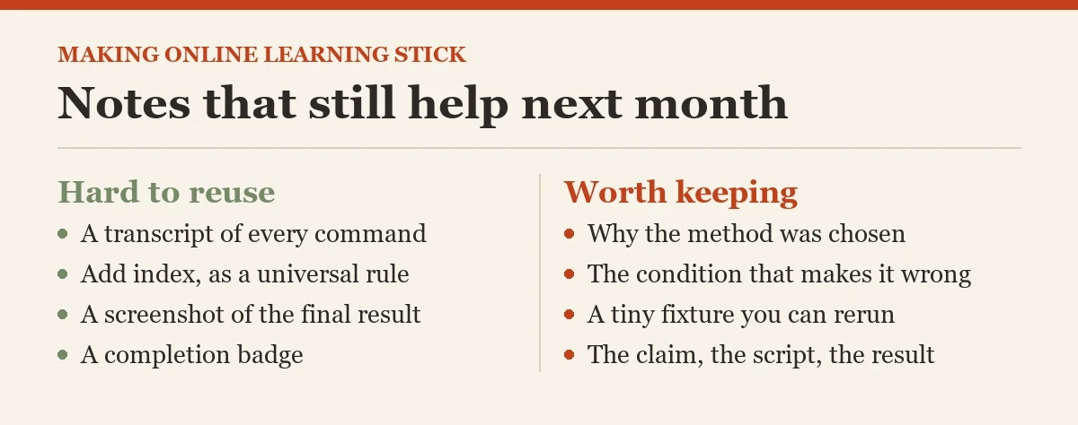 Notes that still help next month: a checklist on the making online learning stick
