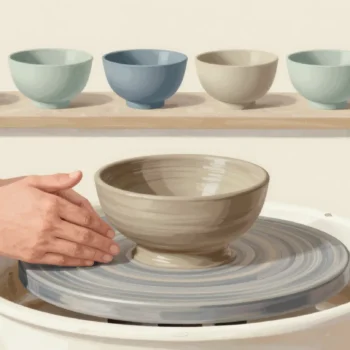 Clay-covered hands at a potter's wheel shaping a bowl, with a row of earlier practice bowls drying on a shelf.
