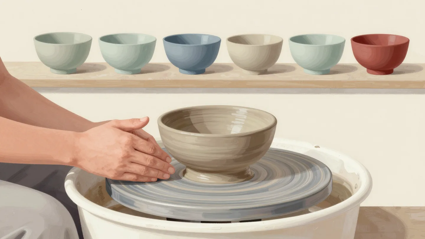 Clay-covered hands at a potter's wheel shaping a bowl, with a row of earlier practice bowls drying on a shelf.