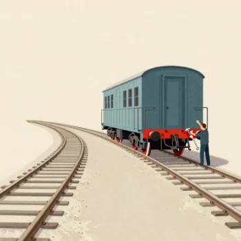 Two railway tracks of slightly different widths meeting, hands adjusting a carriage's red wheel at the join