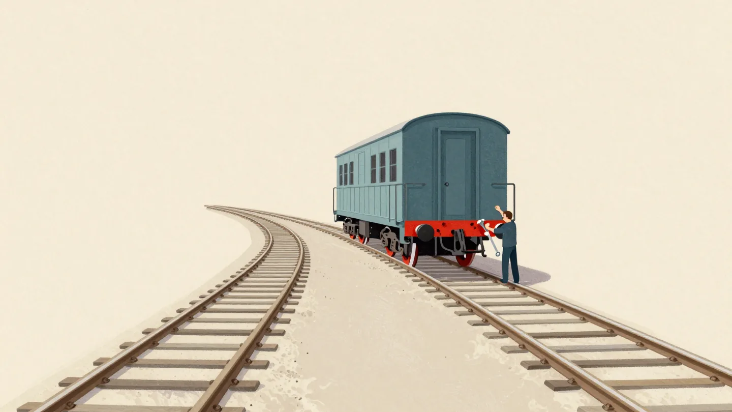 Two railway tracks of slightly different widths meeting, hands adjusting a carriage's red wheel at the join