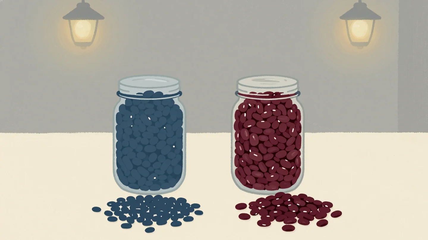 Gouache painting: two jars of dried beans on a market table, one still full and one with its beans counted into small even piles beside it; one vermilion bean in the full jar