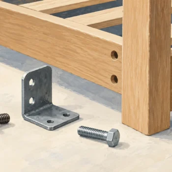 Assembled bed frame beside a loose corner bracket and two different bolts
