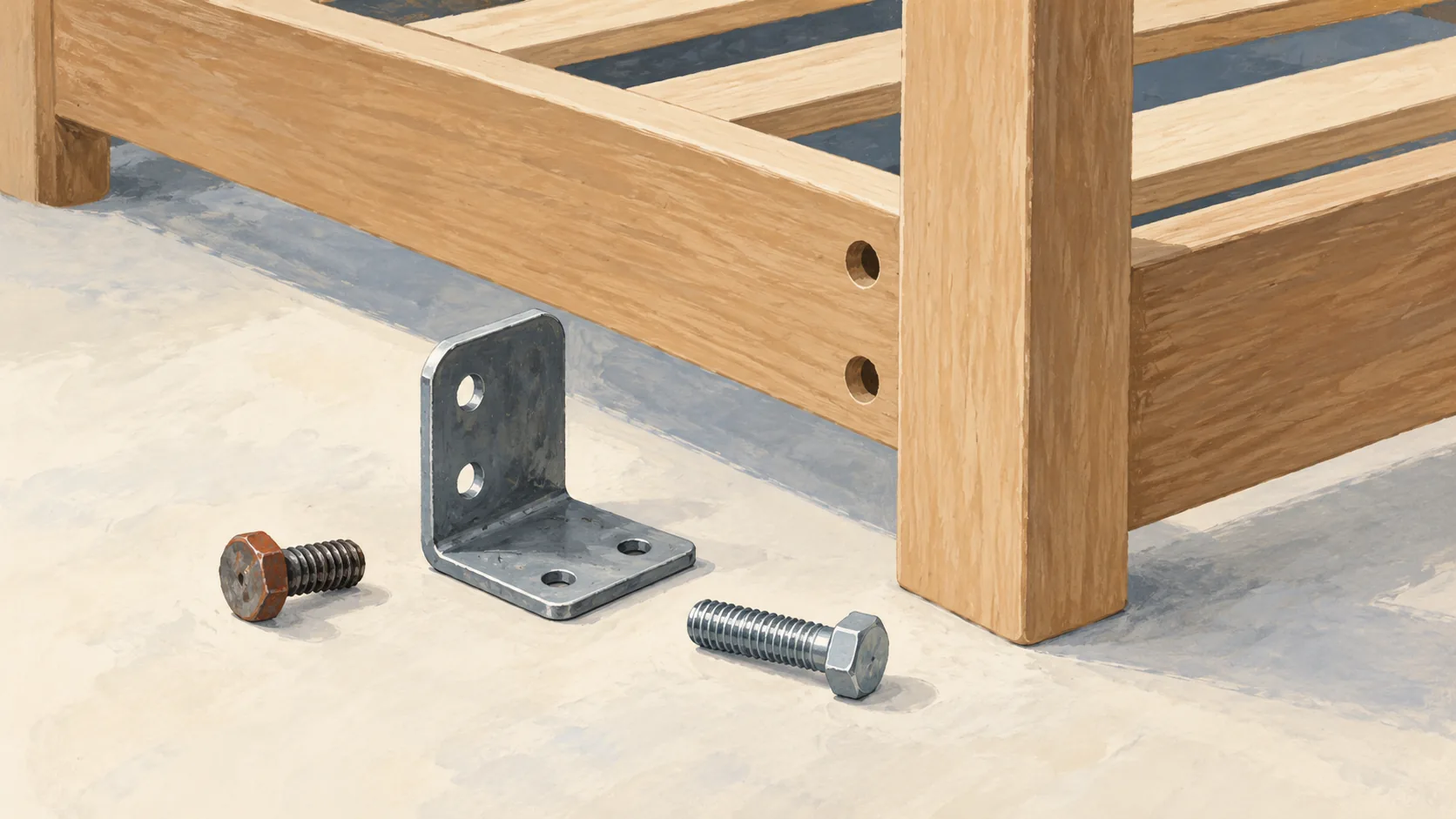 Assembled bed frame beside a loose corner bracket and two different bolts