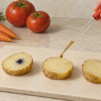 A glass pipette above selected potato pieces, one with a blue-black spot, beside untouched carrots and tomatoes