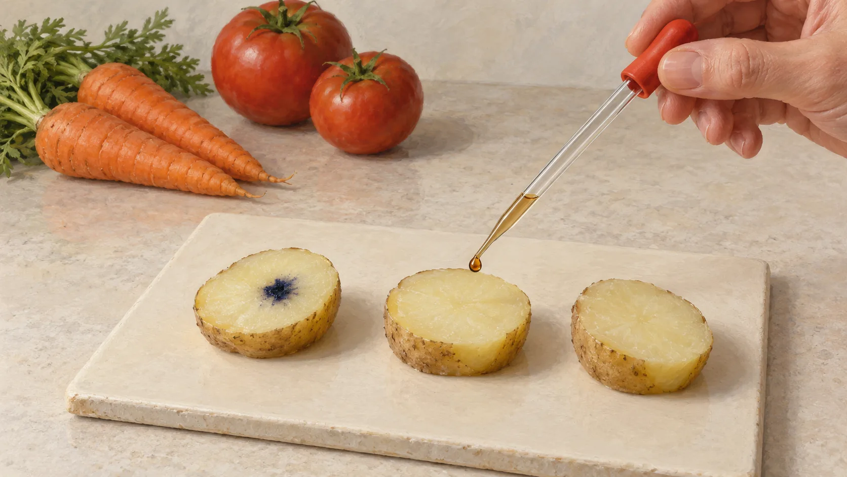A glass pipette above selected potato pieces, one with a blue-black spot, beside untouched carrots and tomatoes