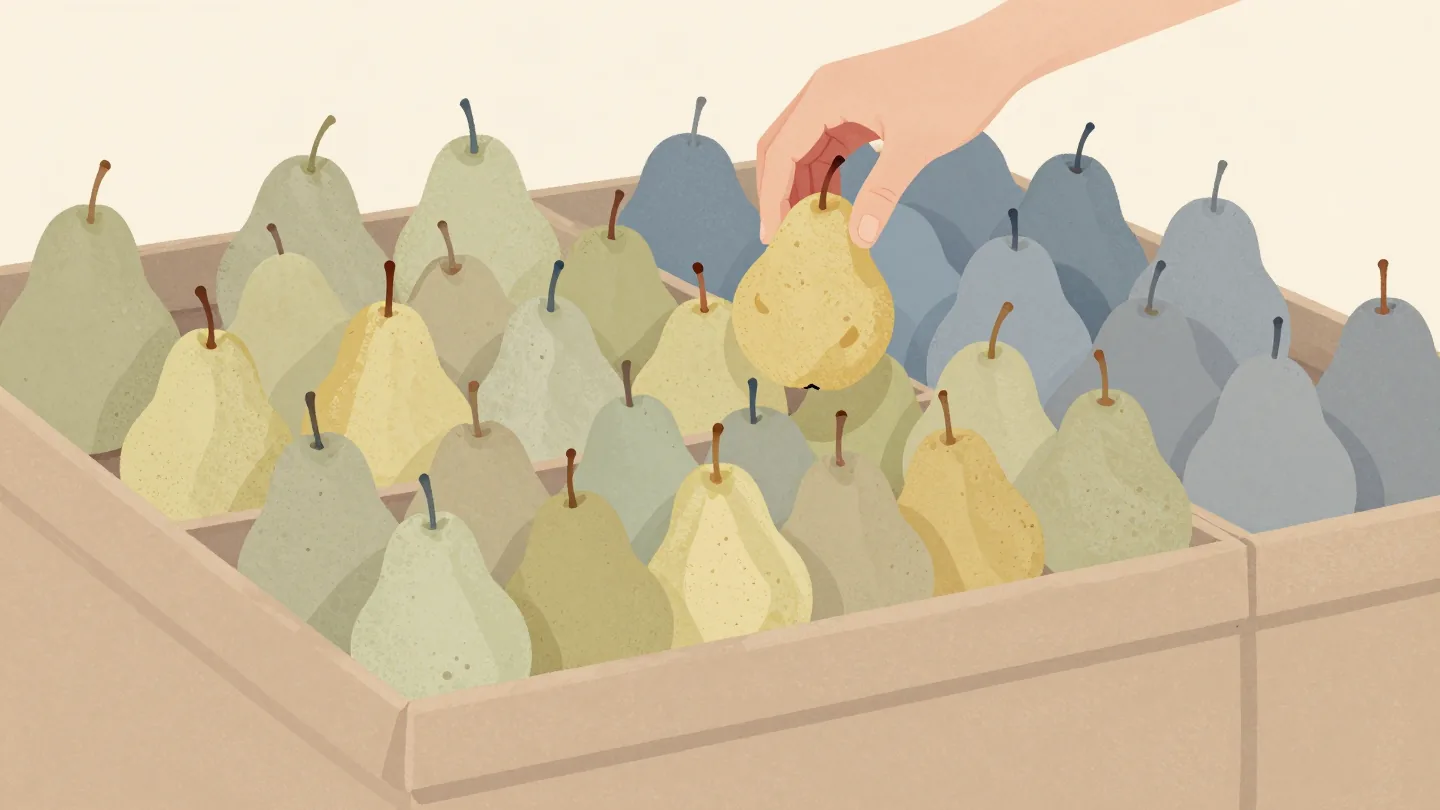 A hand lifts one pear from a crowded market fruit stall and gently presses it near the stem.